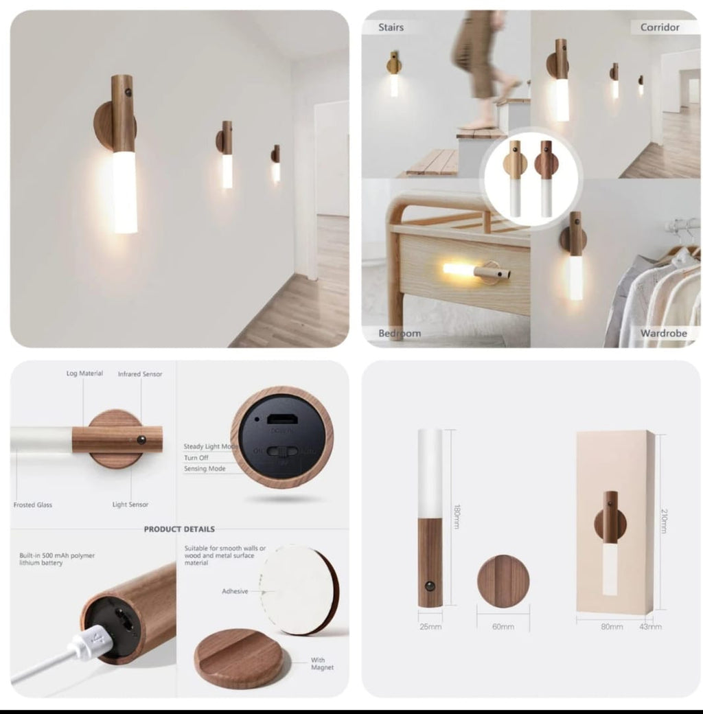 Smart Wooden Motion Sensor Wall Light – Rechargeable Magnetic LED Night Light